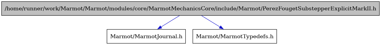 digraph {
    graph [bgcolor="#00000000"]
    node [shape=rectangle style=filled fillcolor="#FFFFFF" font=Helvetica padding=2]
    edge [color="#1414CE"]
    "1" [label="/home/runner/work/Marmot/Marmot/modules/core/MarmotMechanicsCore/include/Marmot/PerezFougetSubstepperExplicitMarkII.h" tooltip="/home/runner/work/Marmot/Marmot/modules/core/MarmotMechanicsCore/include/Marmot/PerezFougetSubstepperExplicitMarkII.h" fillcolor="#BFBFBF"]
    "2" [label="Marmot/MarmotJournal.h" tooltip="Marmot/MarmotJournal.h"]
    "3" [label="Marmot/MarmotTypedefs.h" tooltip="Marmot/MarmotTypedefs.h"]
    "1" -> "2" [dir=forward tooltip="include"]
    "1" -> "3" [dir=forward tooltip="include"]
}